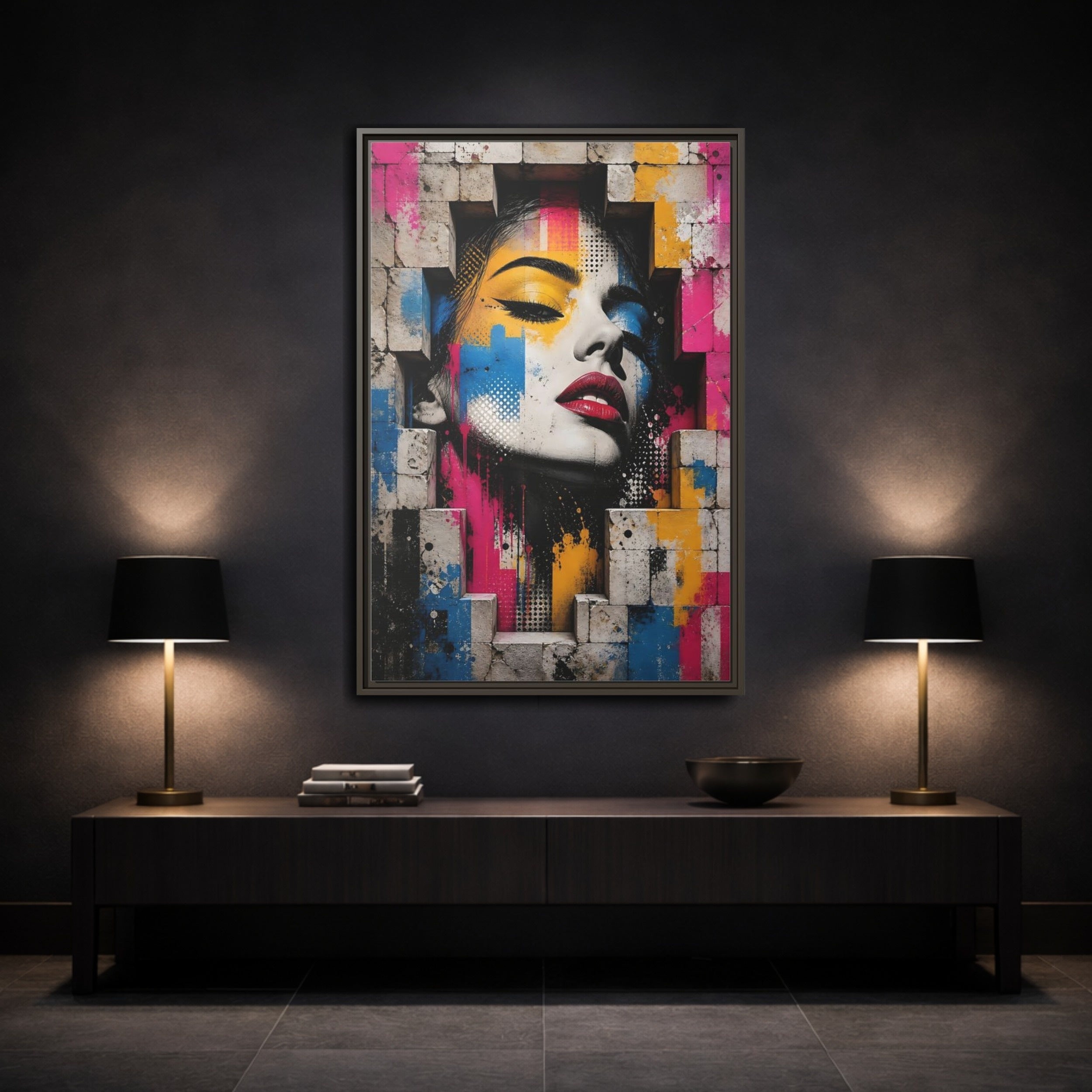 Mockup 3. Abstract Female Face Multicolor Graffiti shown as stretched canvas wall art