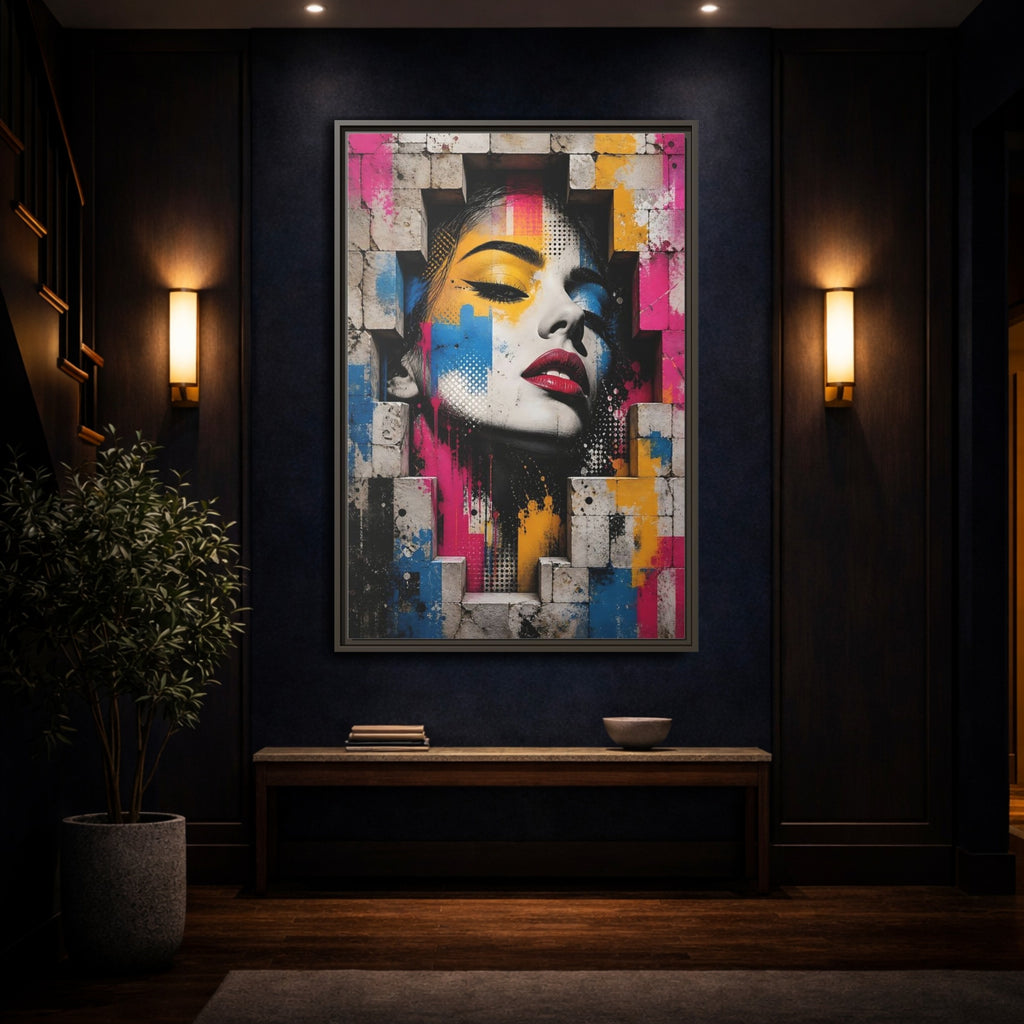 Mockup 4. Abstract Female Face Multicolor Graffiti shown as stretched canvas wall art