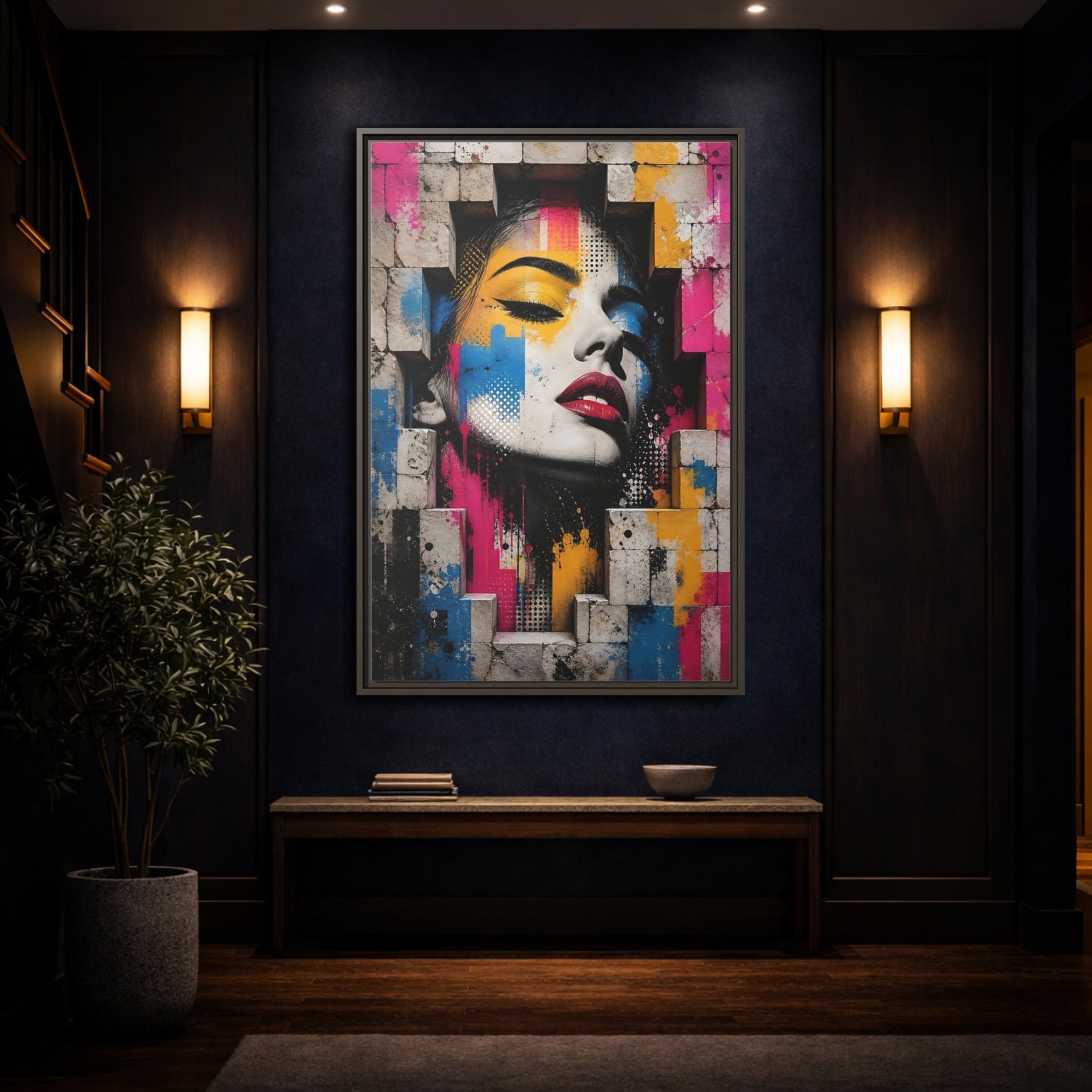 Mockup 4. Abstract Female Face Multicolor Graffiti shown as stretched canvas wall art