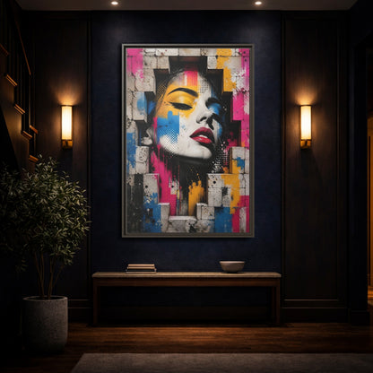 Mockup 4. Abstract Female Face Multicolor Graffiti shown as stretched canvas wall art