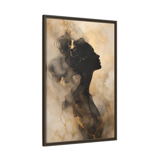 Main Mockup. Abstract Female Silhouette Black And Gold shown as stretched canvas wall art
