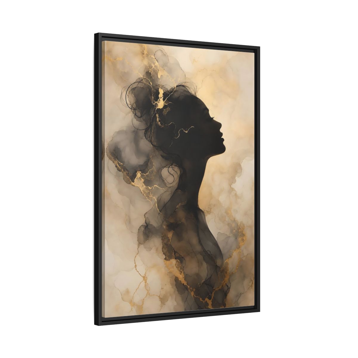 Abstract Female Silhouette Black and Gold Framed Canvas Wall Art - Living Room, Above Fireplace shown as canvas wall art