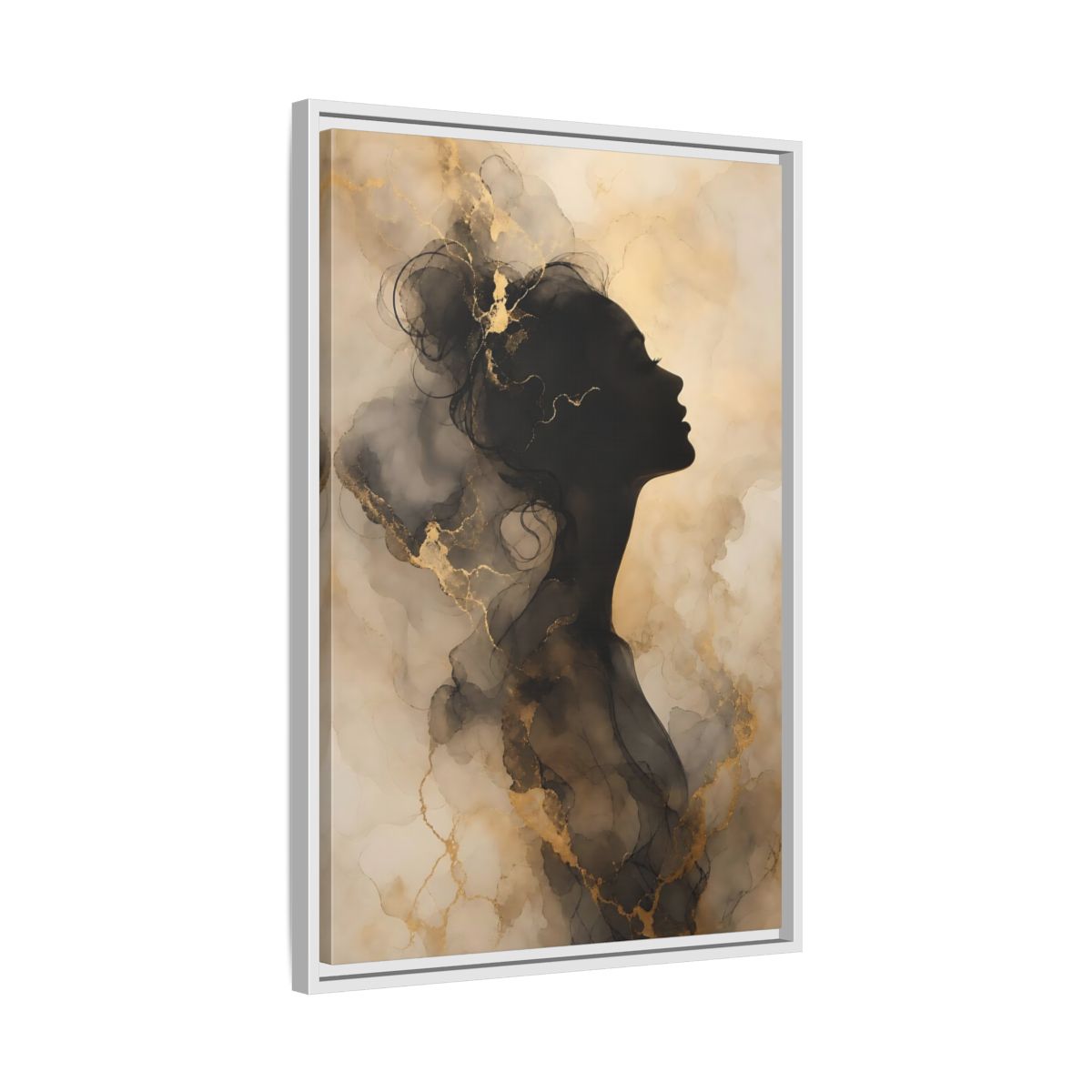 Abstract Female Silhouette Black and Gold Framed Canvas Wall Art - Living Room, Above Fireplace shown as canvas wall art