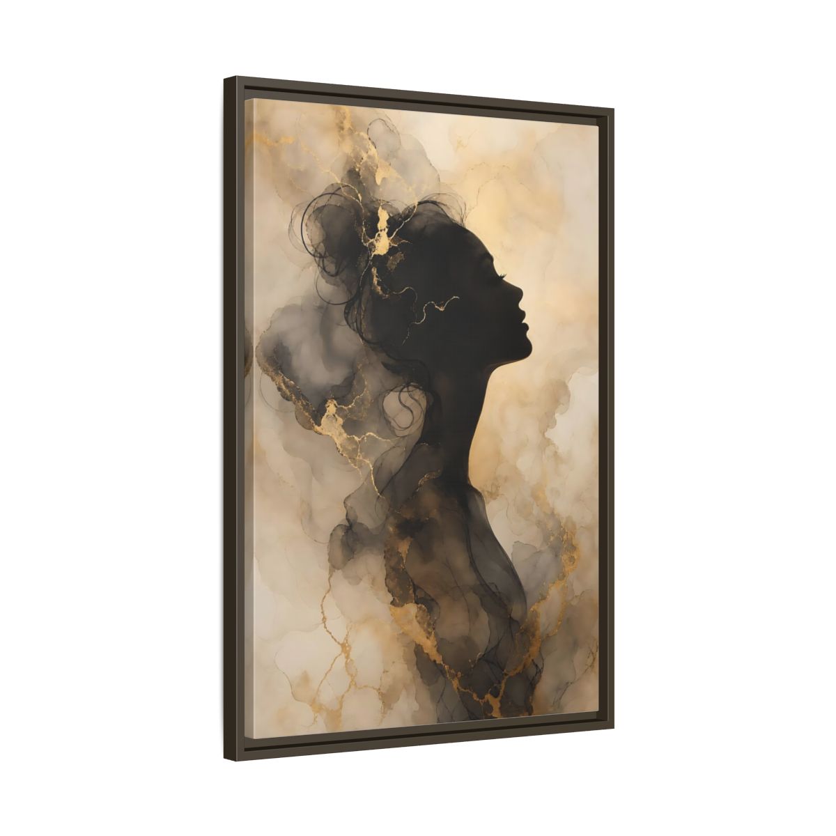 Abstract Female Silhouette Black and Gold Framed Canvas Wall Art - Living Room, Above Fireplace shown as canvas wall art
