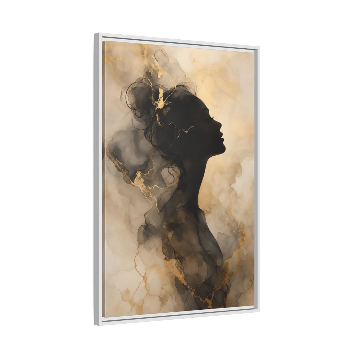 Abstract Female Silhouette Black and Gold Framed Canvas Wall Art - Living Room, Above Fireplace shown as canvas wall art