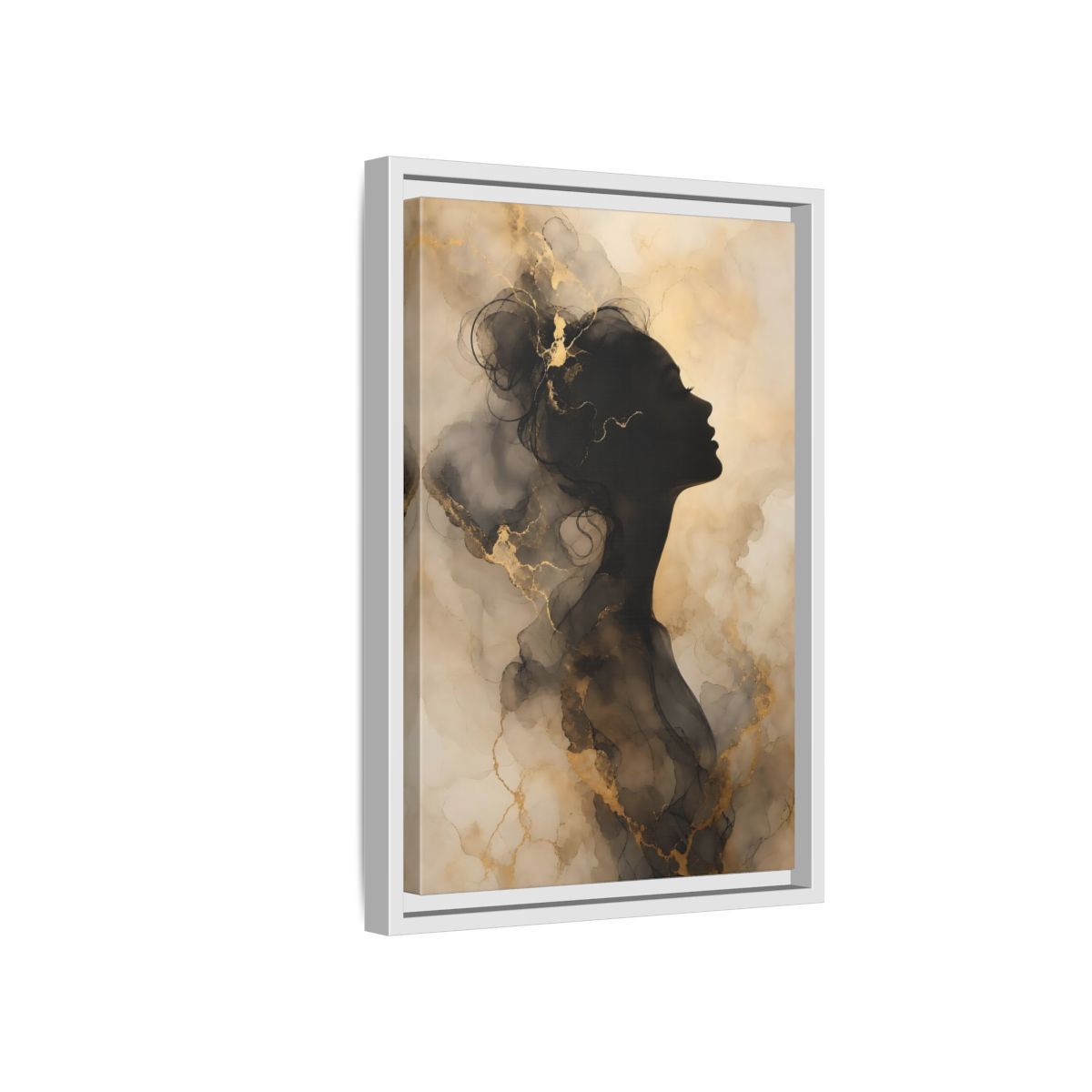 Abstract Female Silhouette Black and Gold Framed Canvas Wall Art - Living Room, Above Fireplace shown as canvas wall art