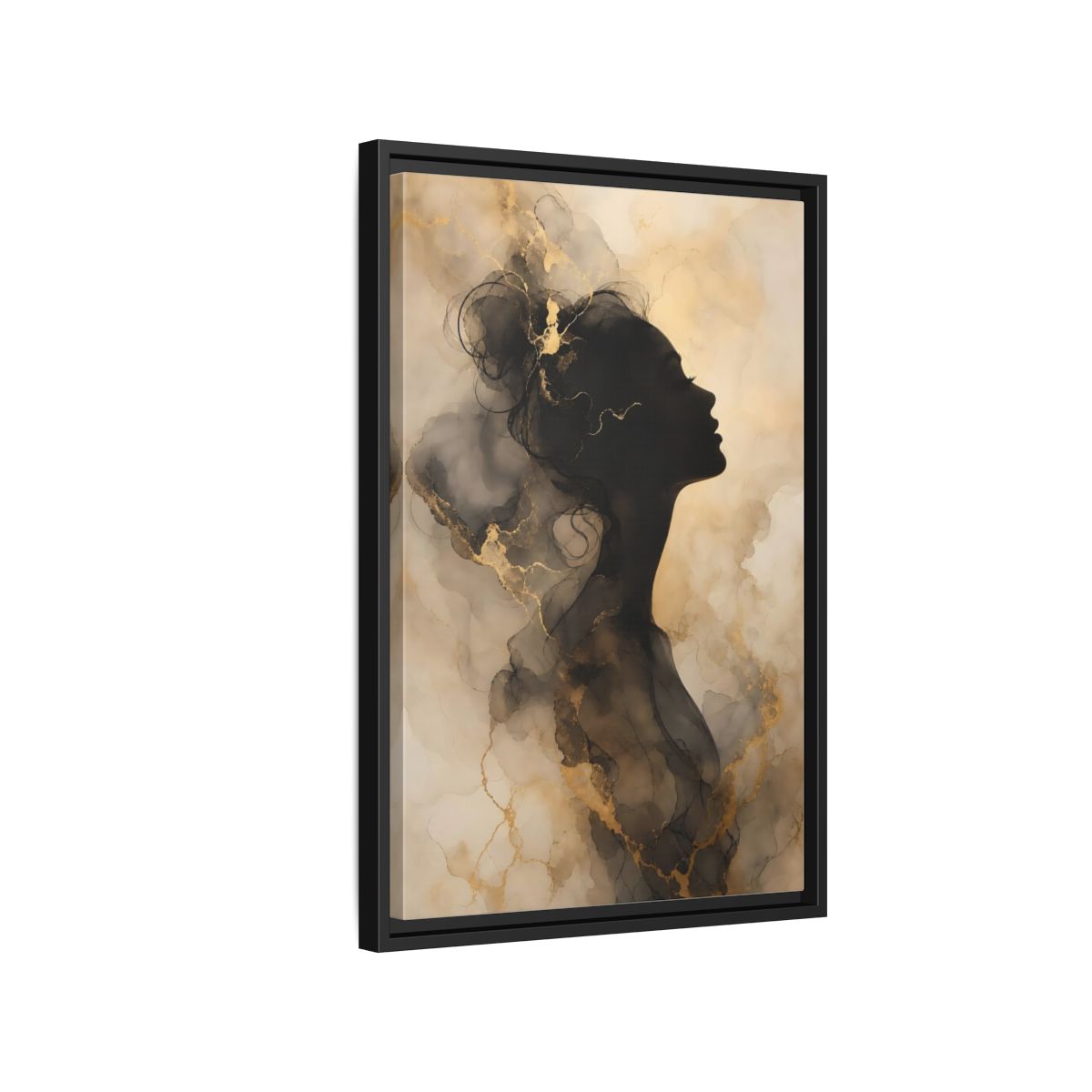 Abstract Female Silhouette Black and Gold Framed Canvas Wall Art - Living Room, Above Fireplace shown as canvas wall art