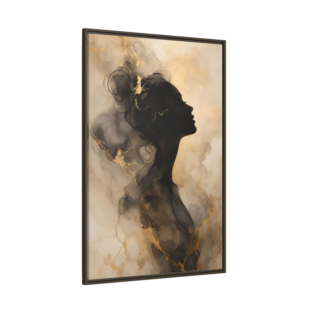 Abstract Female Silhouette Black and Gold Framed Canvas Wall Art - Living Room, Above Fireplace shown as canvas wall art