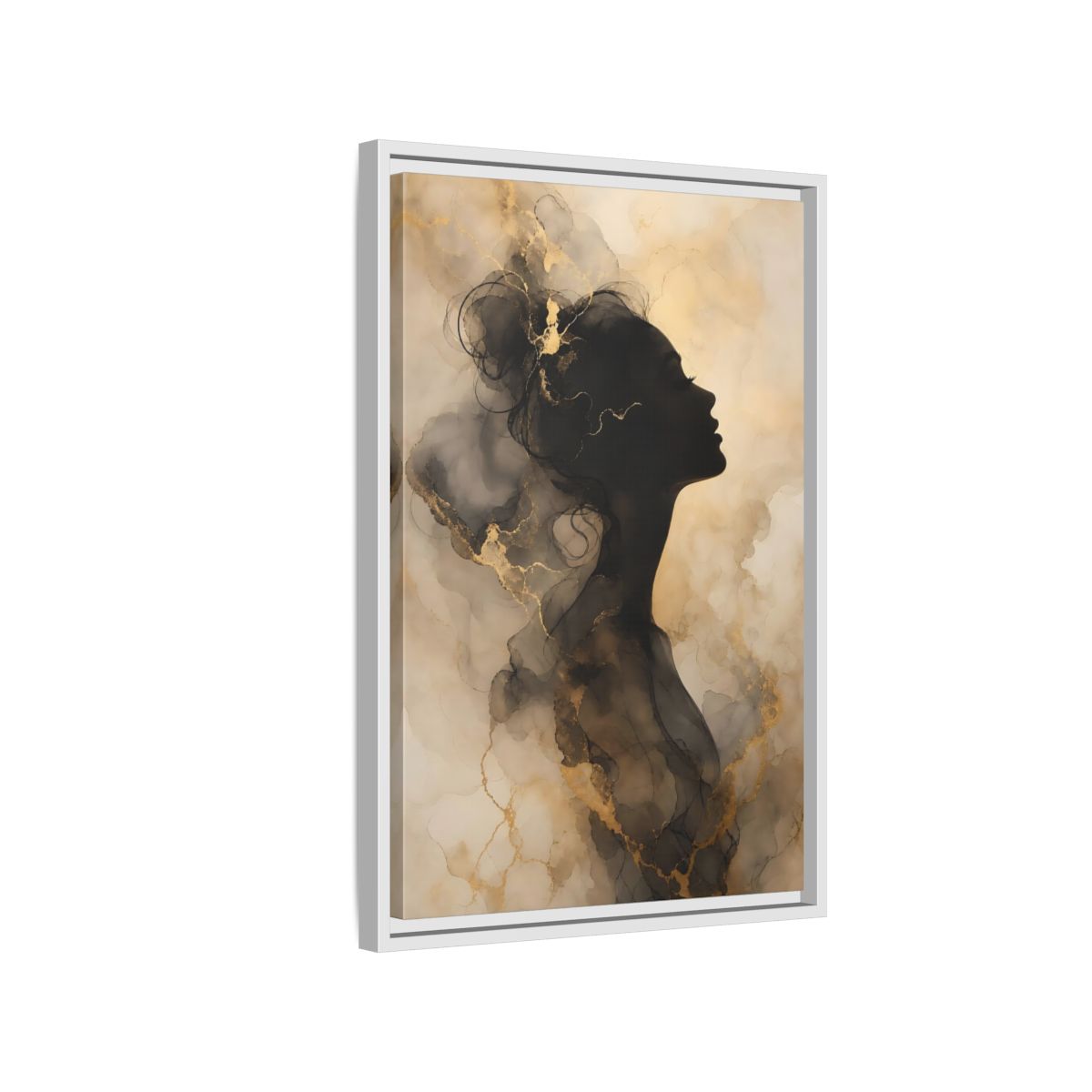 Abstract Female Silhouette Black and Gold Framed Canvas Wall Art - Living Room, Above Fireplace shown as canvas wall art
