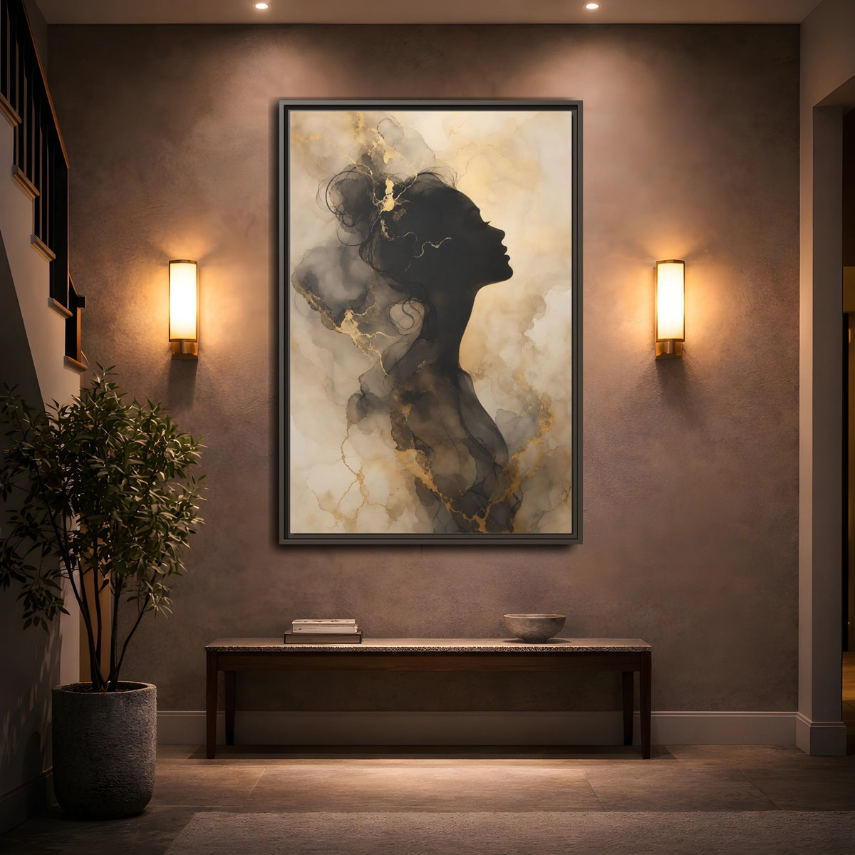 Abstract Female Silhouette Black and Gold Framed Canvas Wall Art - Living Room, Above Fireplace shown as canvas wall art