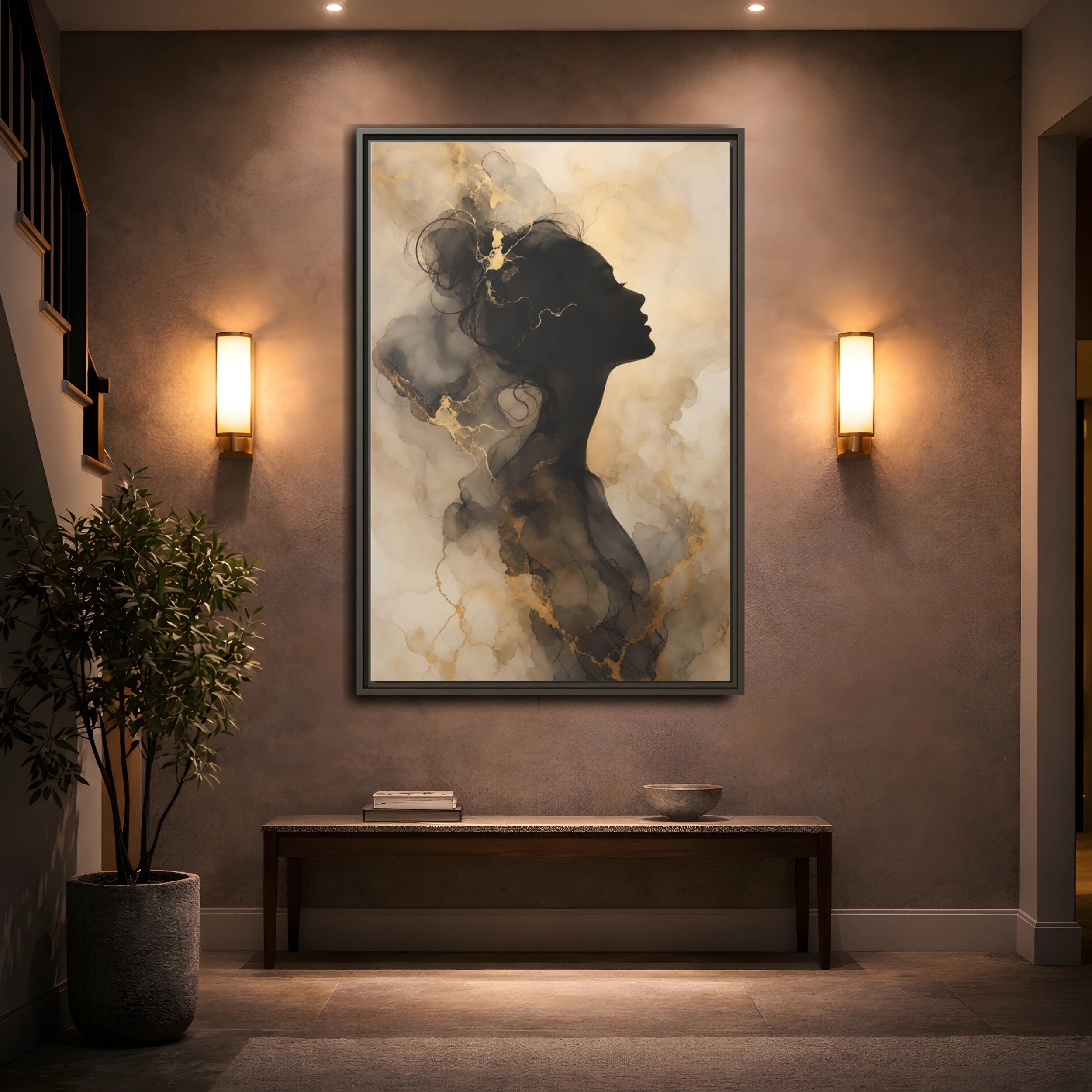 Mockup 2. Abstract Female Silhouette Black And Gold shown as stretched canvas wall art