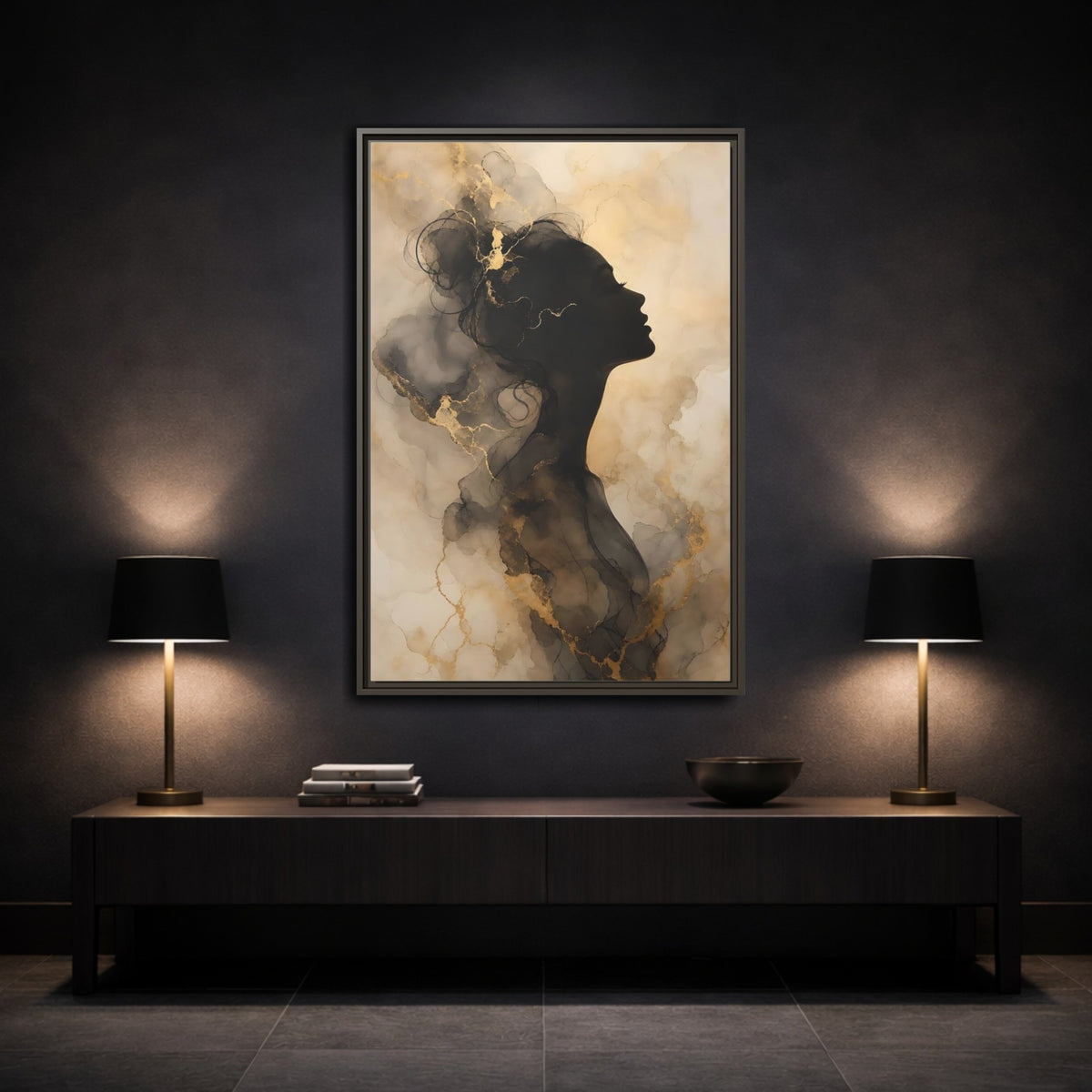 Abstract Female Silhouette Black and Gold Framed Canvas Wall Art - Living Room, Above Fireplace shown as canvas wall art