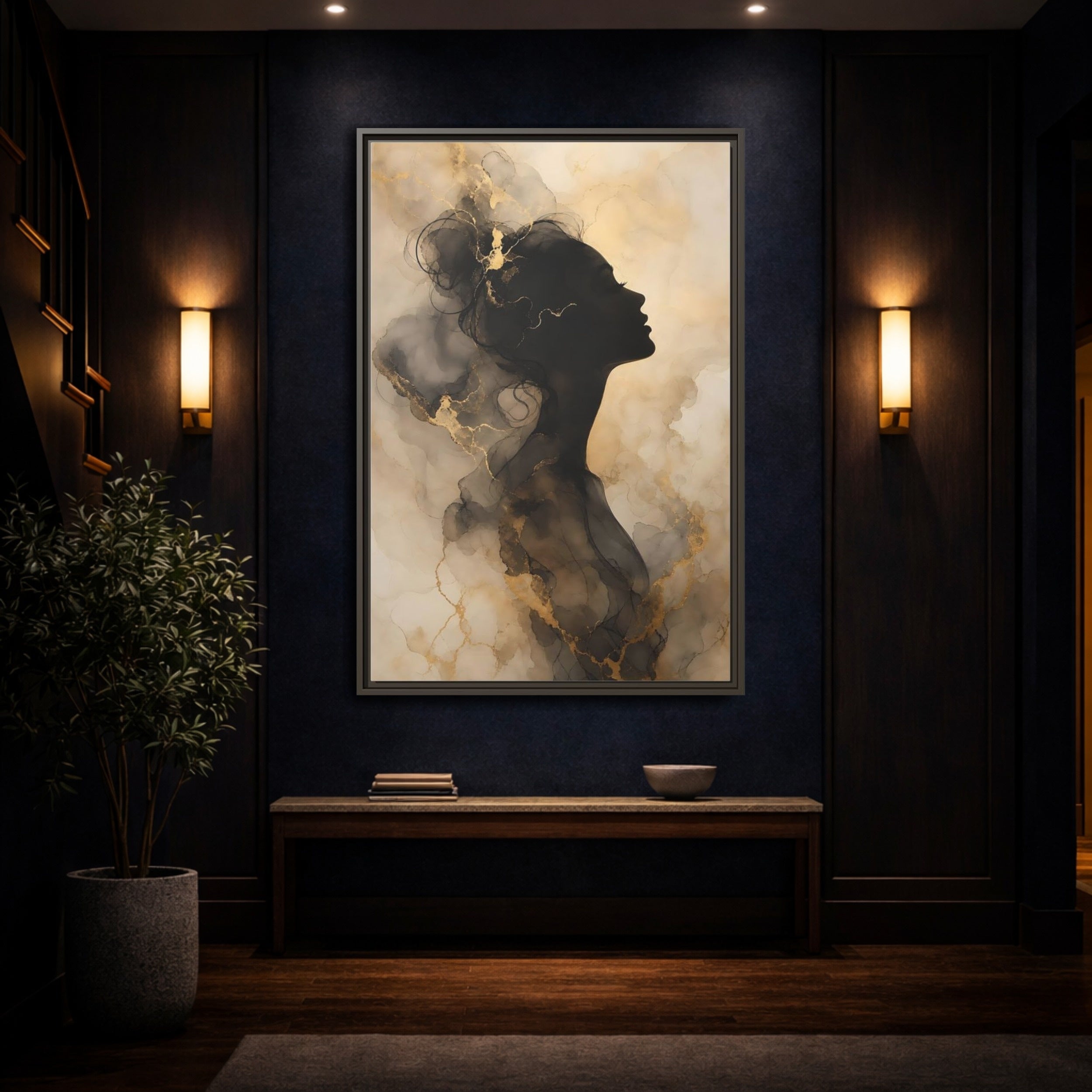 Mockup 4. Abstract Female Silhouette Black And Gold shown as stretched canvas wall art