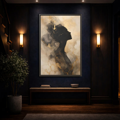 Abstract Female Silhouette Black and Gold Framed Canvas Wall Art - Living Room, Above Fireplace shown as canvas wall art