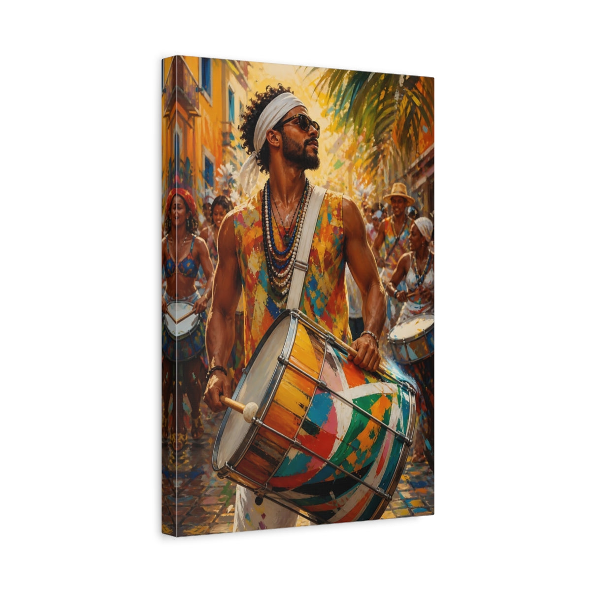 Side Mockup 4. Abstract Festival Drummer Vibrant Street Festival shown as canvas print