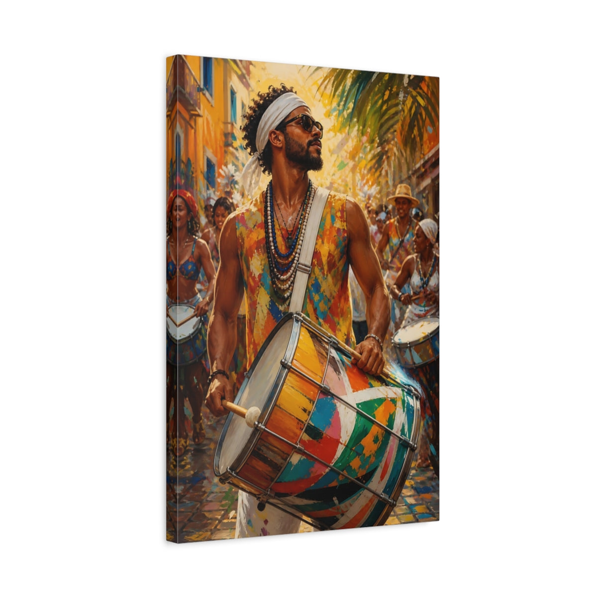 Side Mockup 3. Abstract Festival Drummer Vibrant Street Festival shown as canvas print