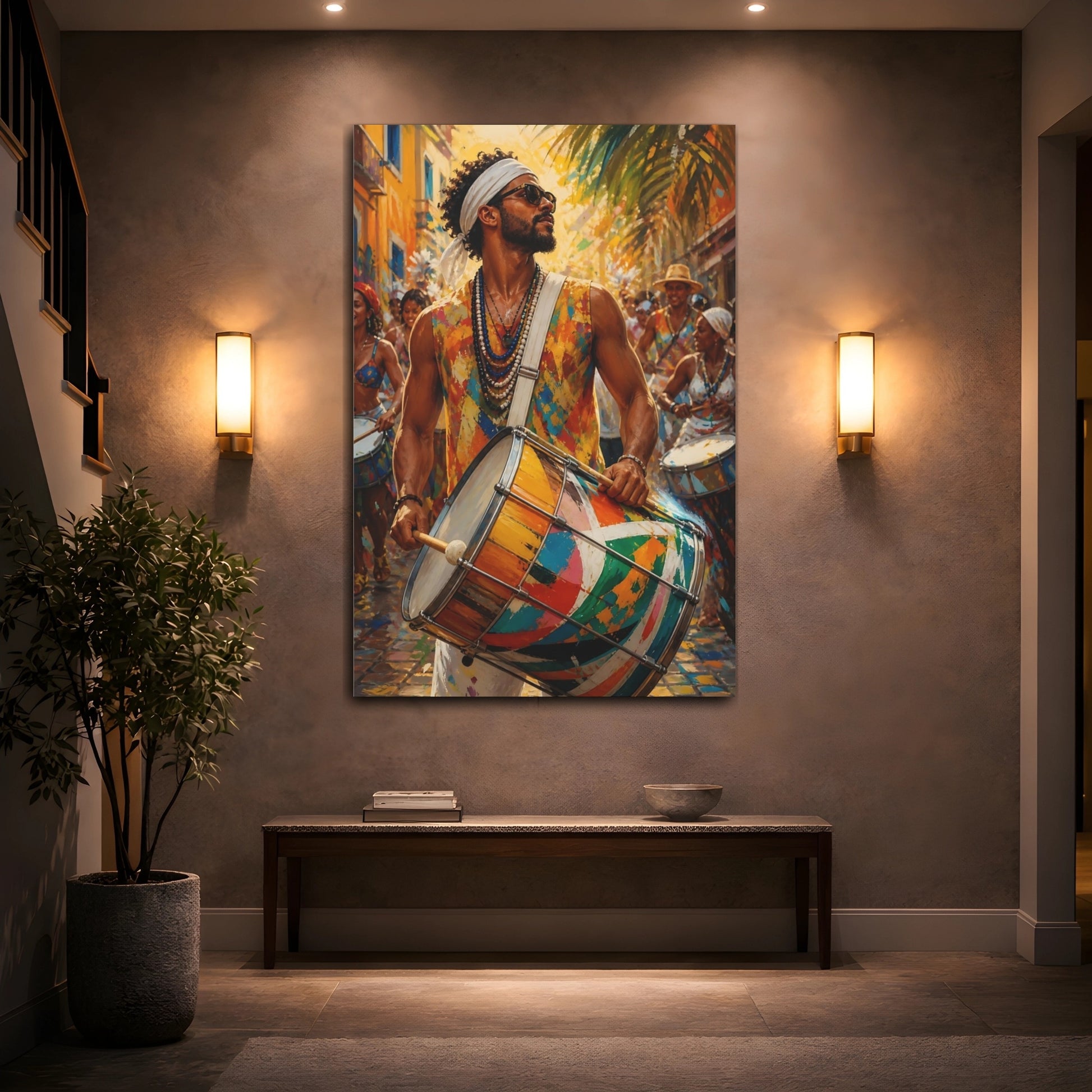 Mockup 2. Abstract Festival Drummer Vibrant Street Festival shown as canvas print