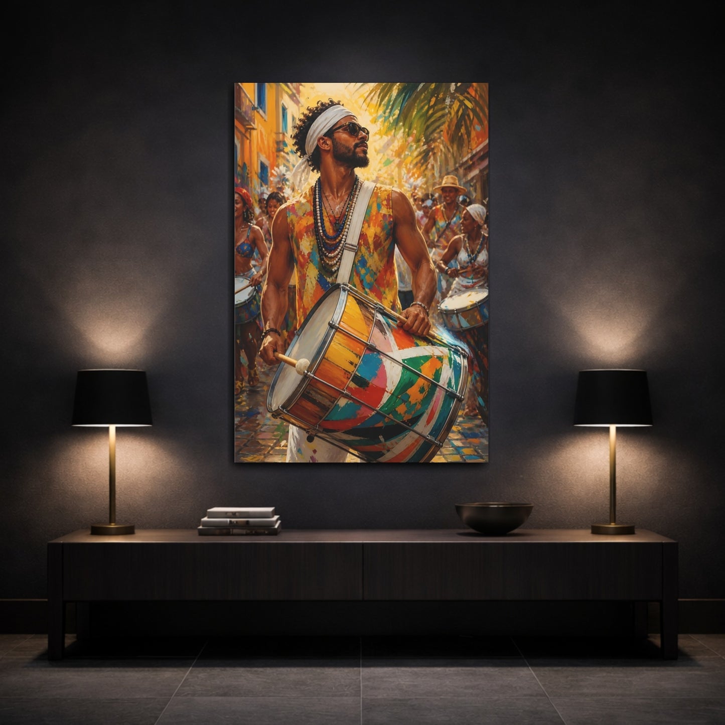 Mockup 3. Abstract Festival Drummer Vibrant Street Festival shown as canvas print