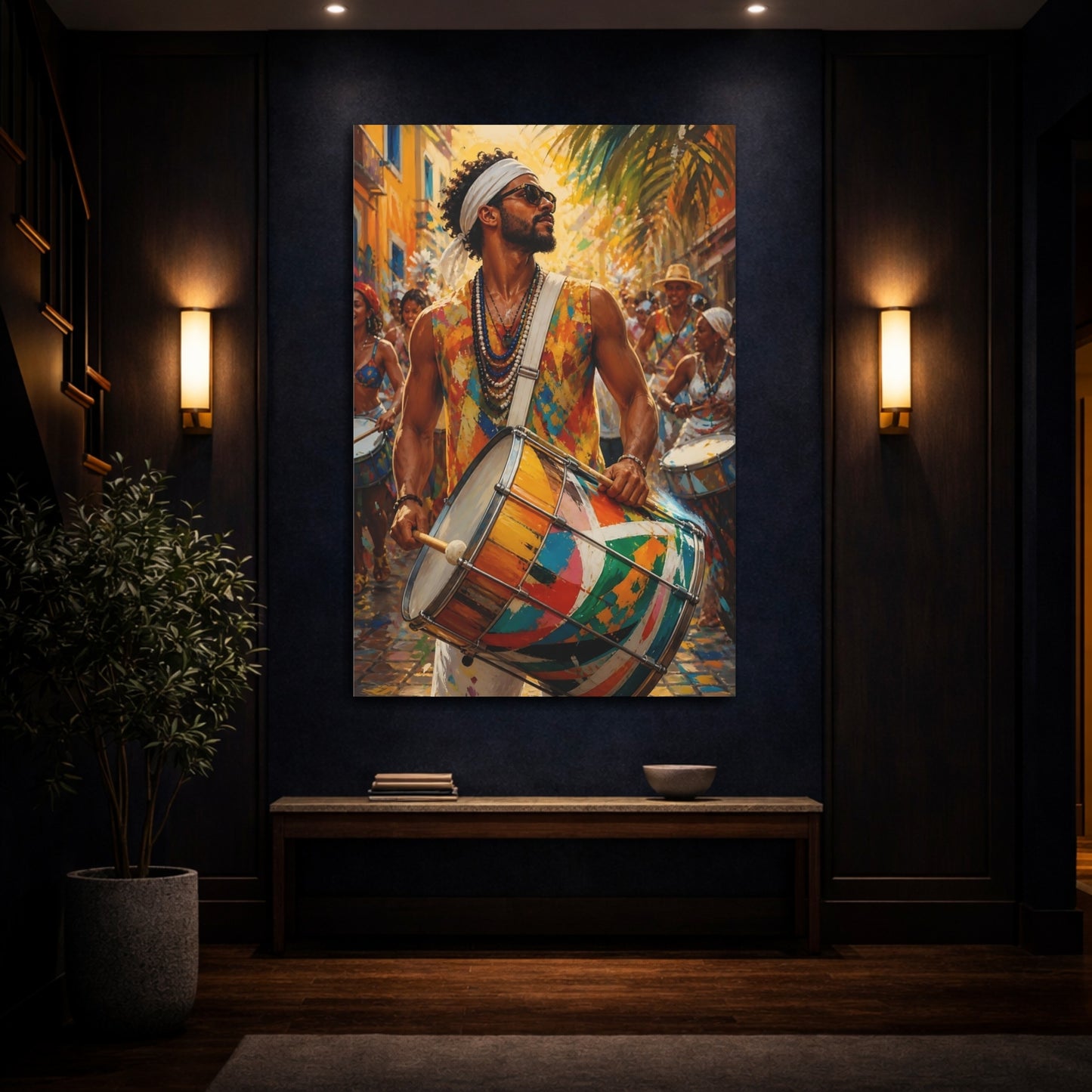 Mockup 4. Abstract Festival Drummer Vibrant Street Festival shown as canvas print