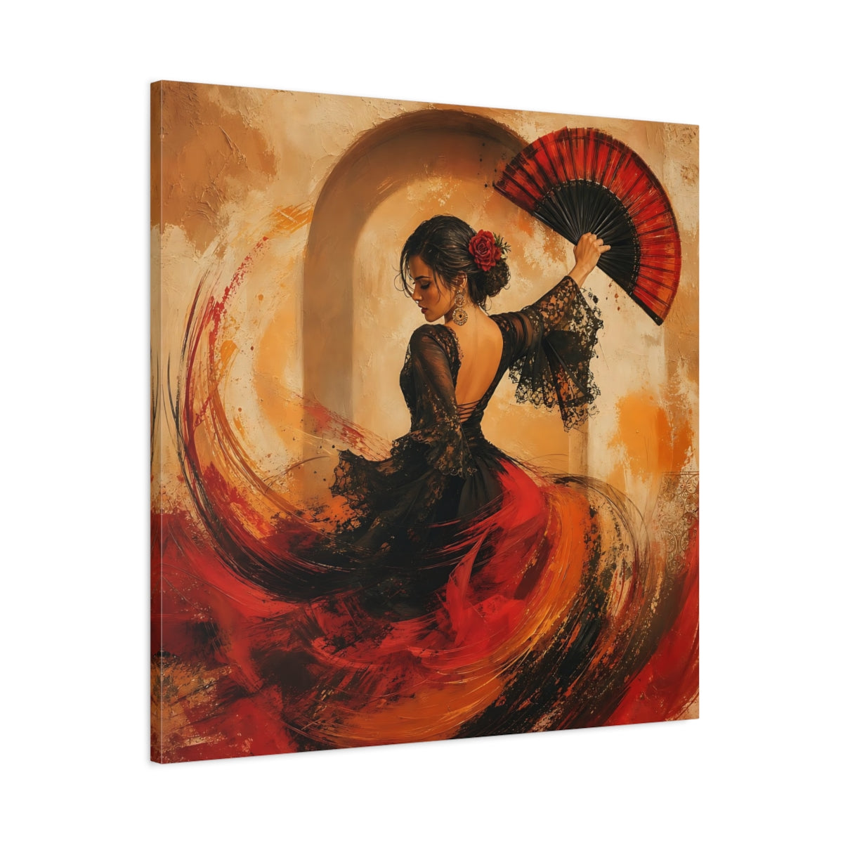Main Mockup. Abstract Flamenco Dancer Red And Black shown as canvas print