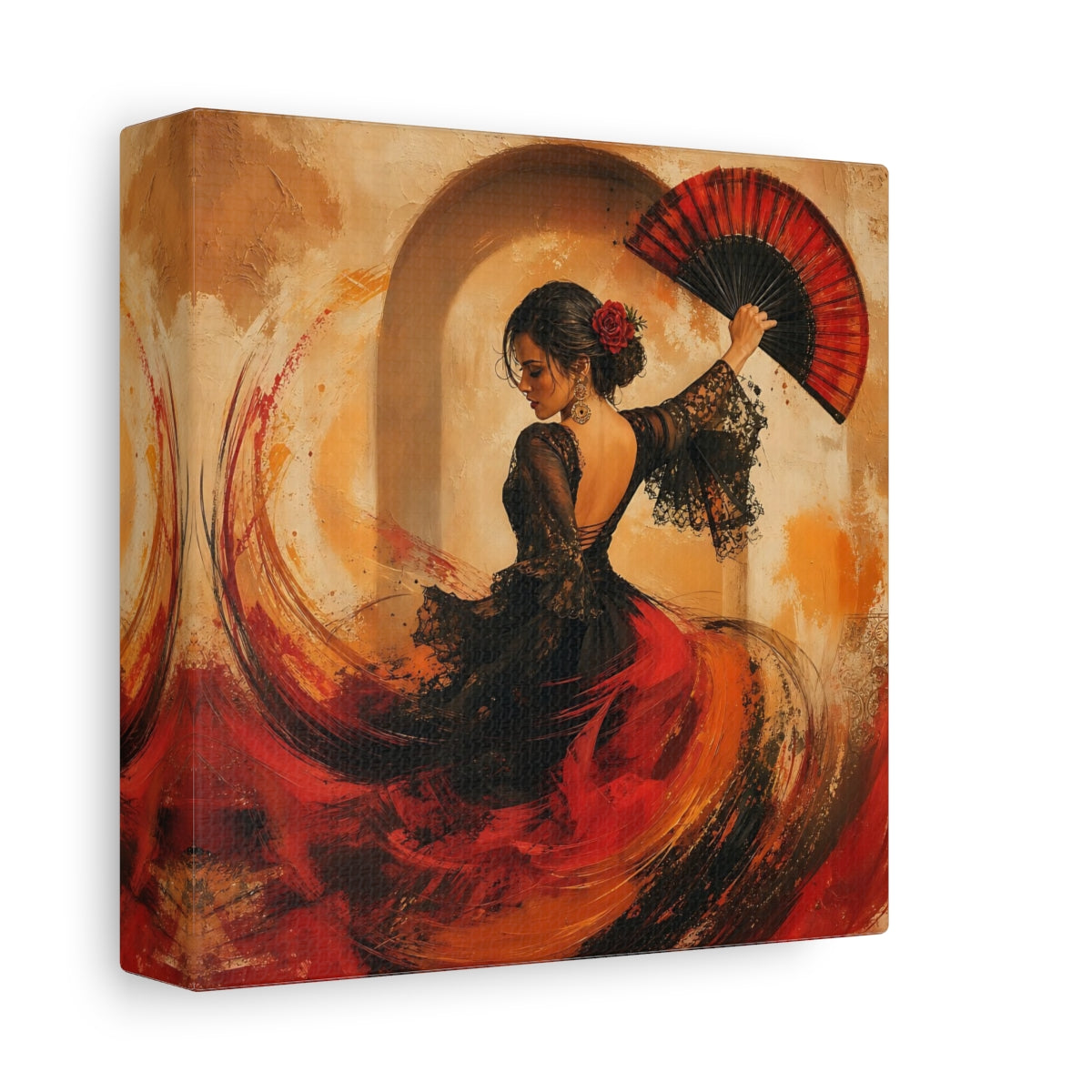 Side Mockup 2. Abstract Flamenco Dancer Red And Black shown as canvas print