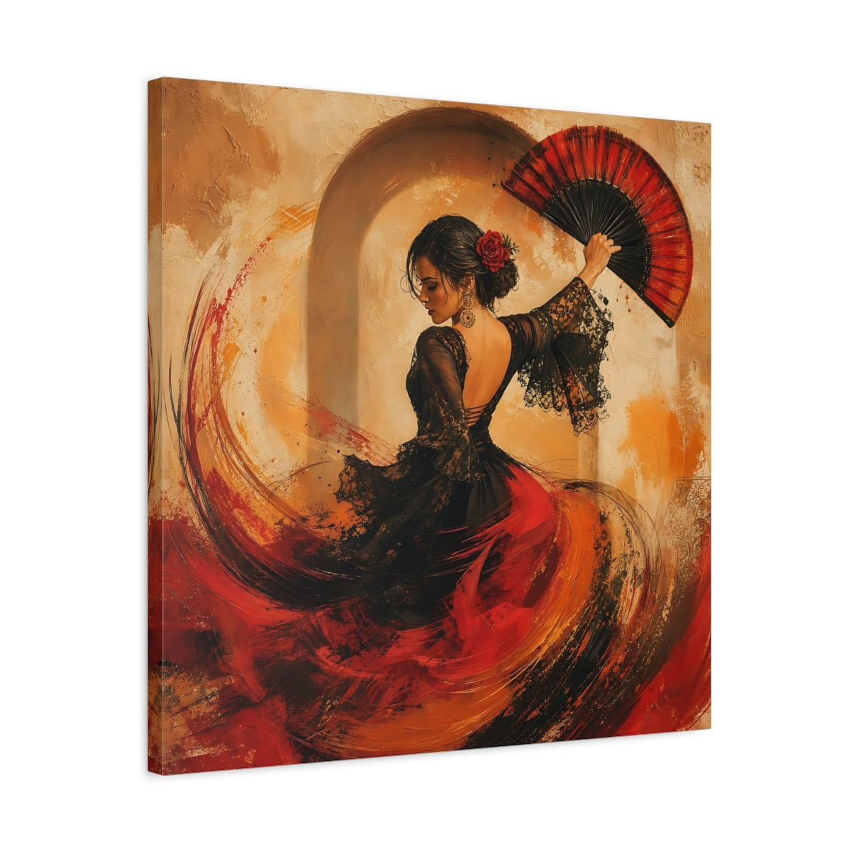 Side Mockup 4. Abstract Flamenco Dancer Red And Black shown as canvas print