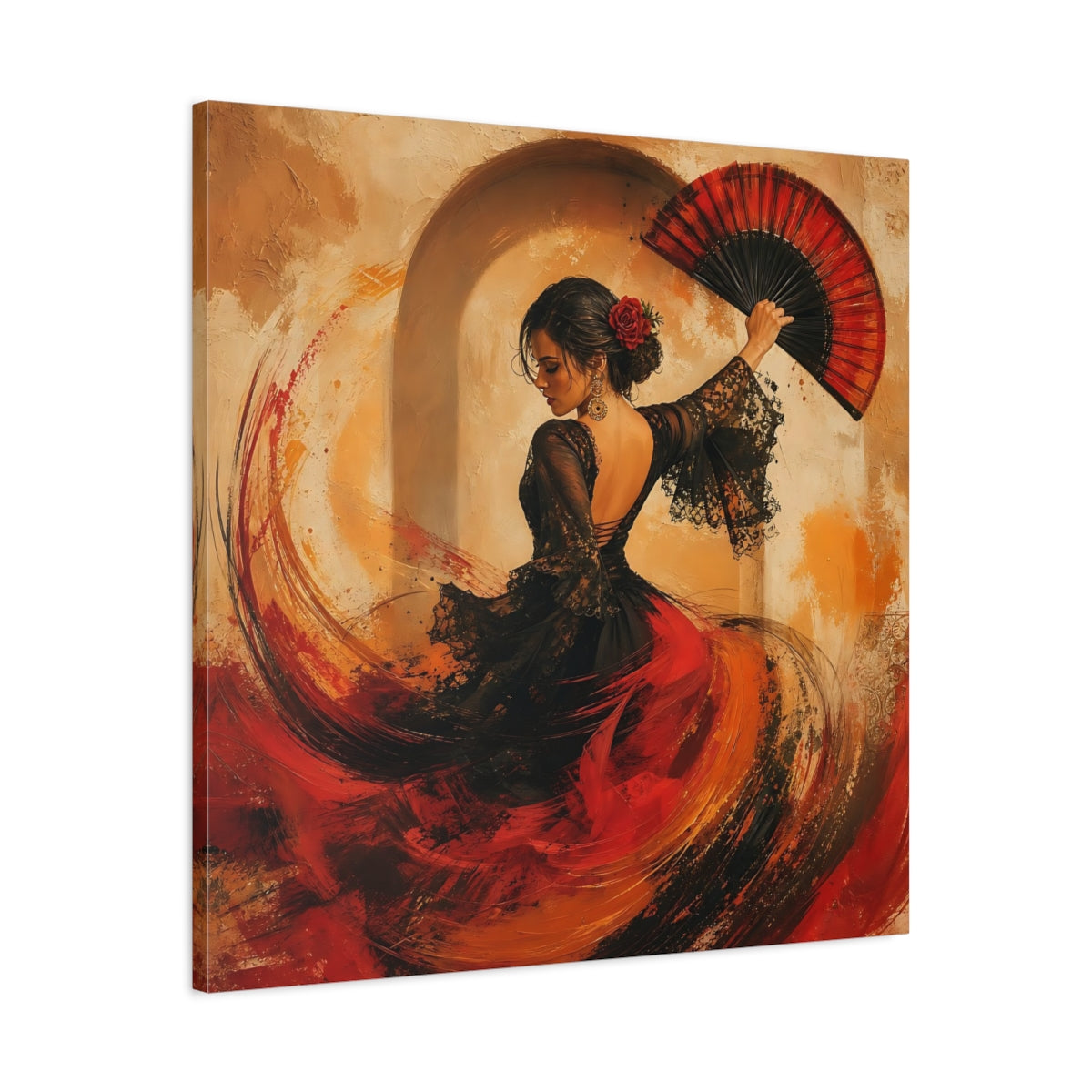 Side Mockup 3. Abstract Flamenco Dancer Red And Black shown as canvas print