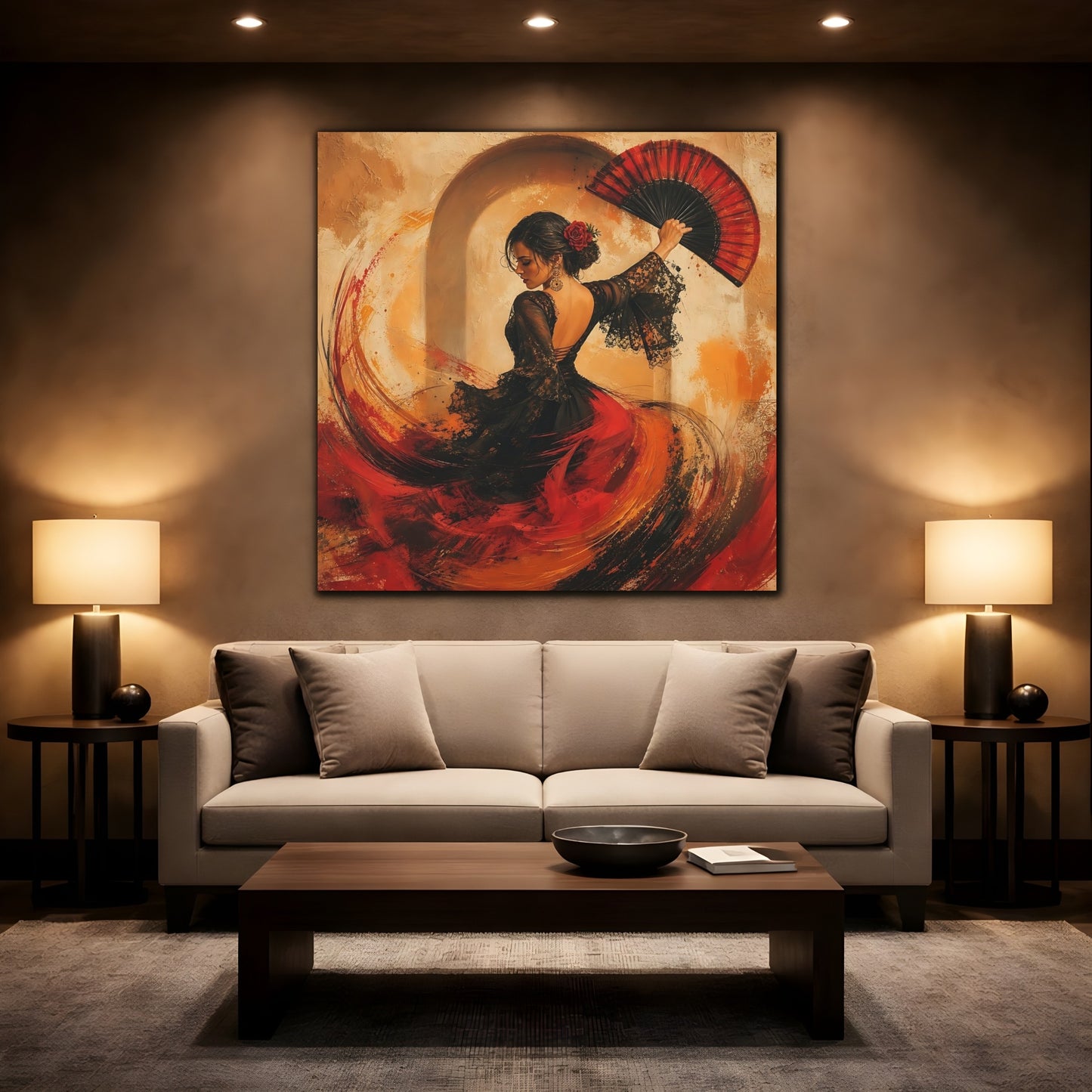 Mockup 2. Abstract Flamenco Dancer Red And Black shown as canvas print