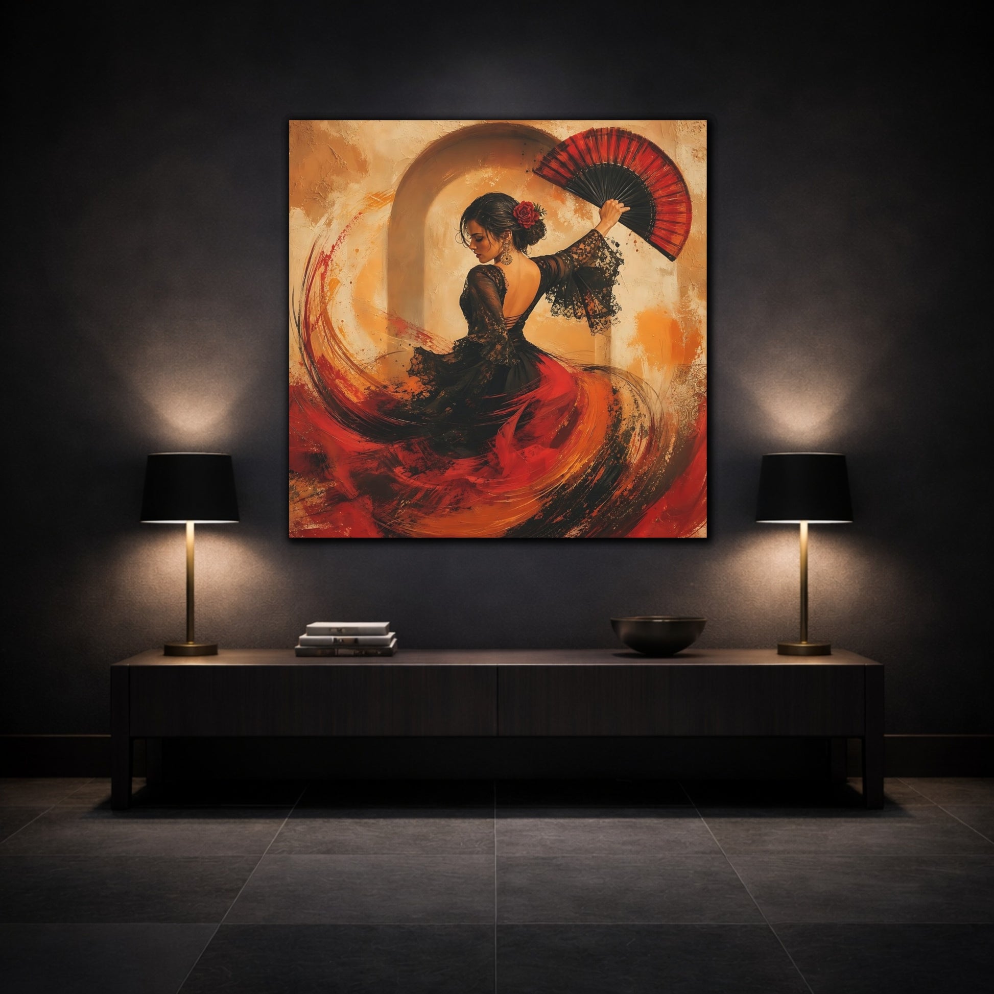 Mockup 3. Abstract Flamenco Dancer Red And Black shown as canvas print