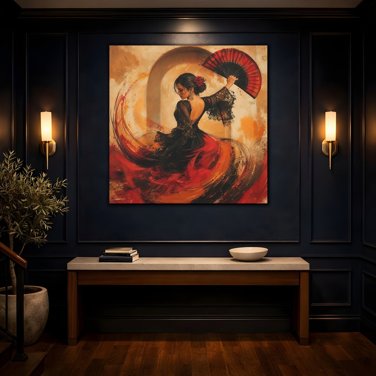 Mockup 4. Abstract Flamenco Dancer Red And Black shown as canvas print