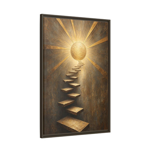 Main Mockup. Abstract Floating Stairs Gold And Gray shown as stretched canvas wall art