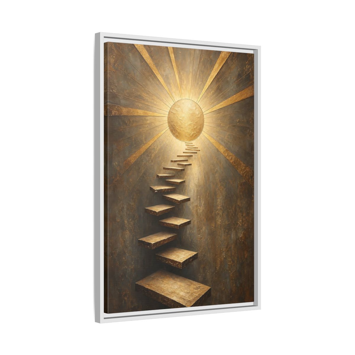 Side Mockup 10. Abstract Floating Stairs Gold And Gray shown as stretched canvas wall art