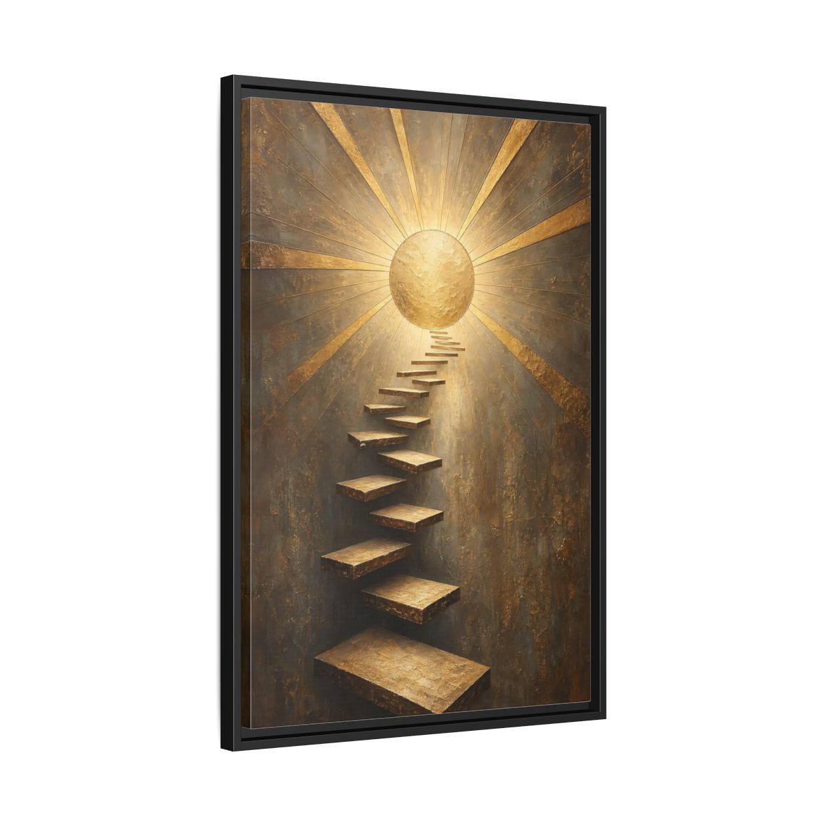 Side Mockup 14. Abstract Floating Stairs Gold And Gray shown as stretched canvas wall art