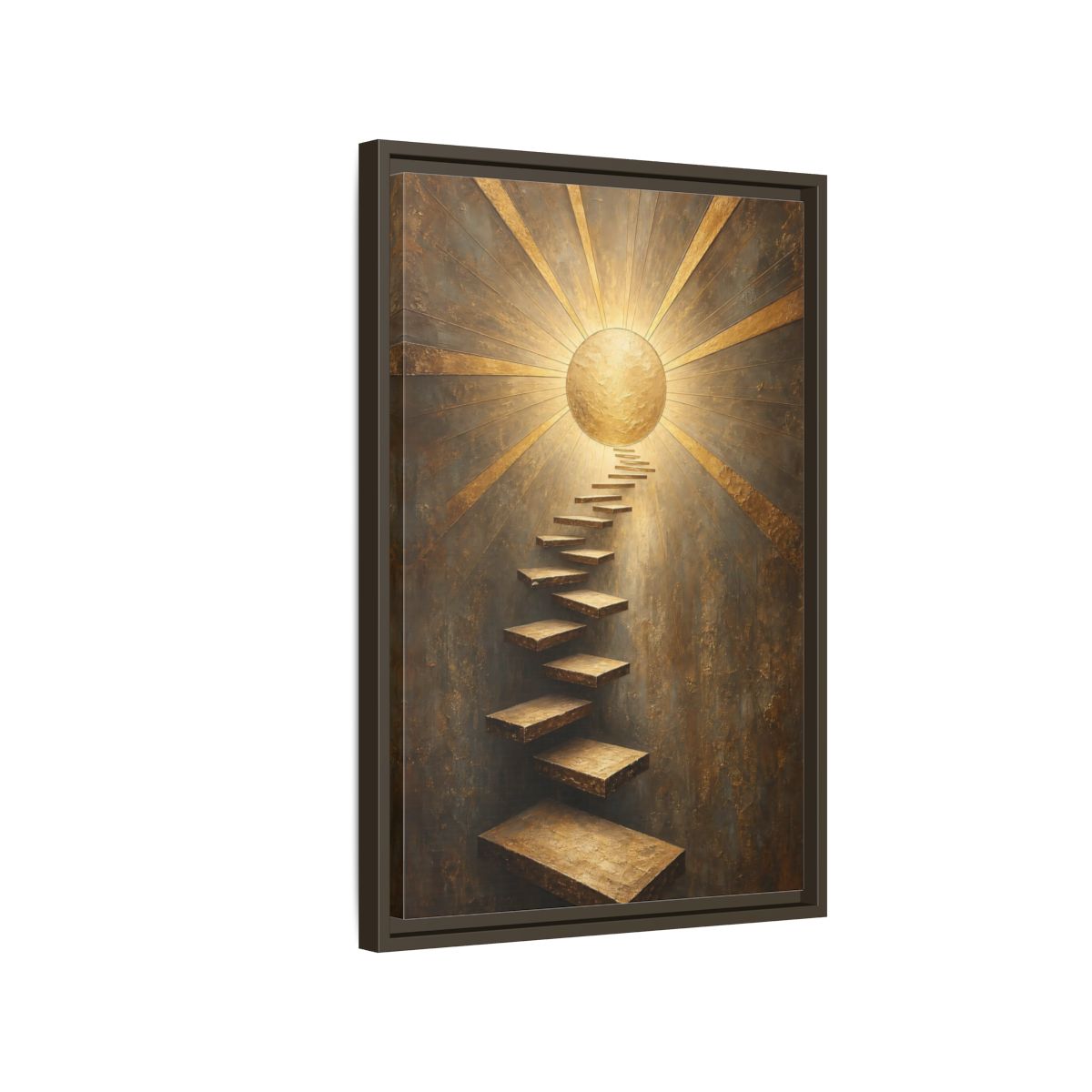 Side Mockup 2. Abstract Floating Stairs Gold And Gray shown as stretched canvas wall art