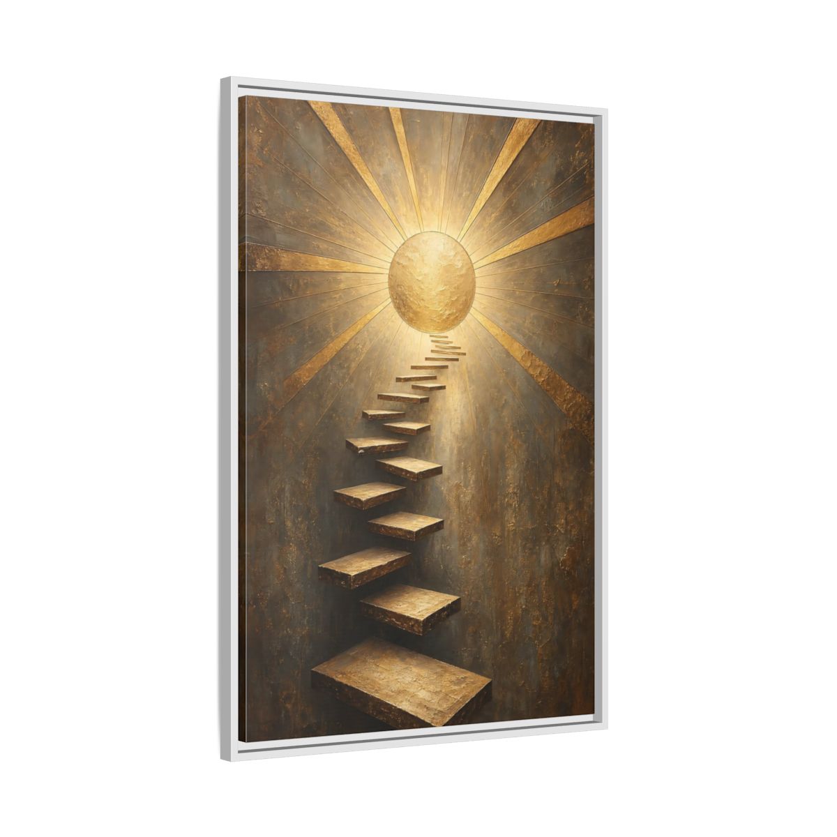Side Mockup 9. Abstract Floating Stairs Gold And Gray shown as stretched canvas wall art