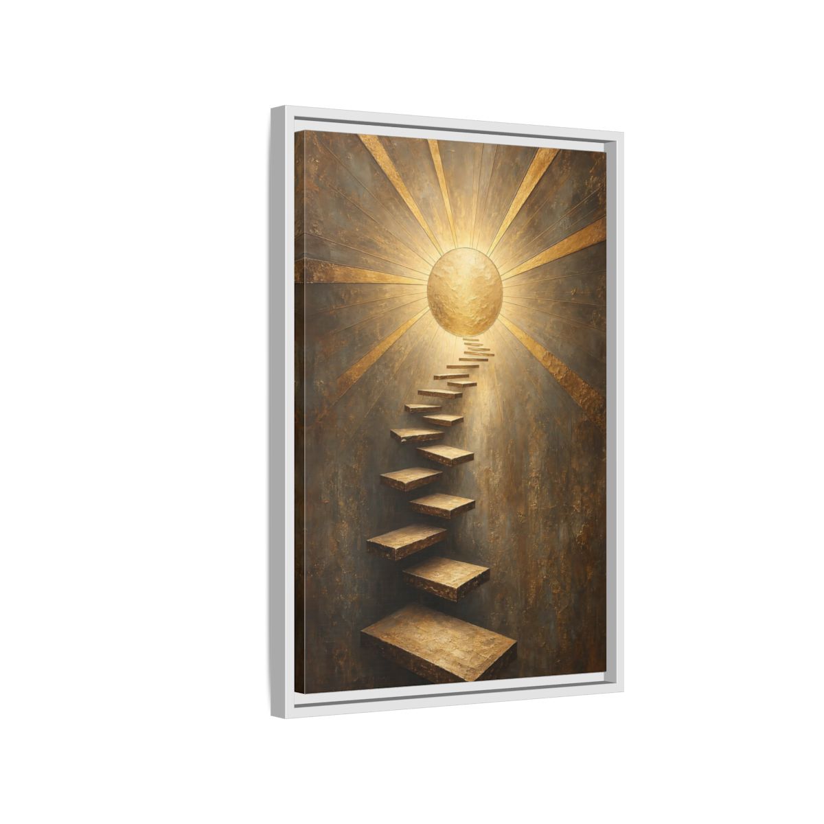 Side Mockup 1. Abstract Floating Stairs Gold And Gray shown as stretched canvas wall art