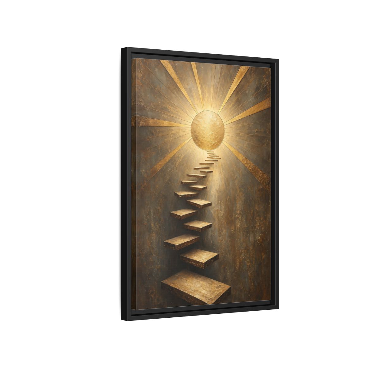 Side Mockup 3. Abstract Floating Stairs Gold And Gray shown as stretched canvas wall art