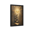 Side Mockup 6. Abstract Floating Stairs Gold And Gray shown as stretched canvas wall art