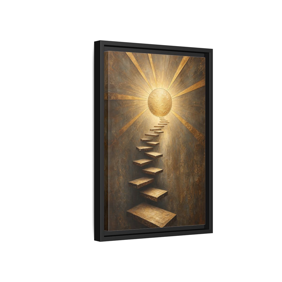 Side Mockup 6. Abstract Floating Stairs Gold And Gray shown as stretched canvas wall art