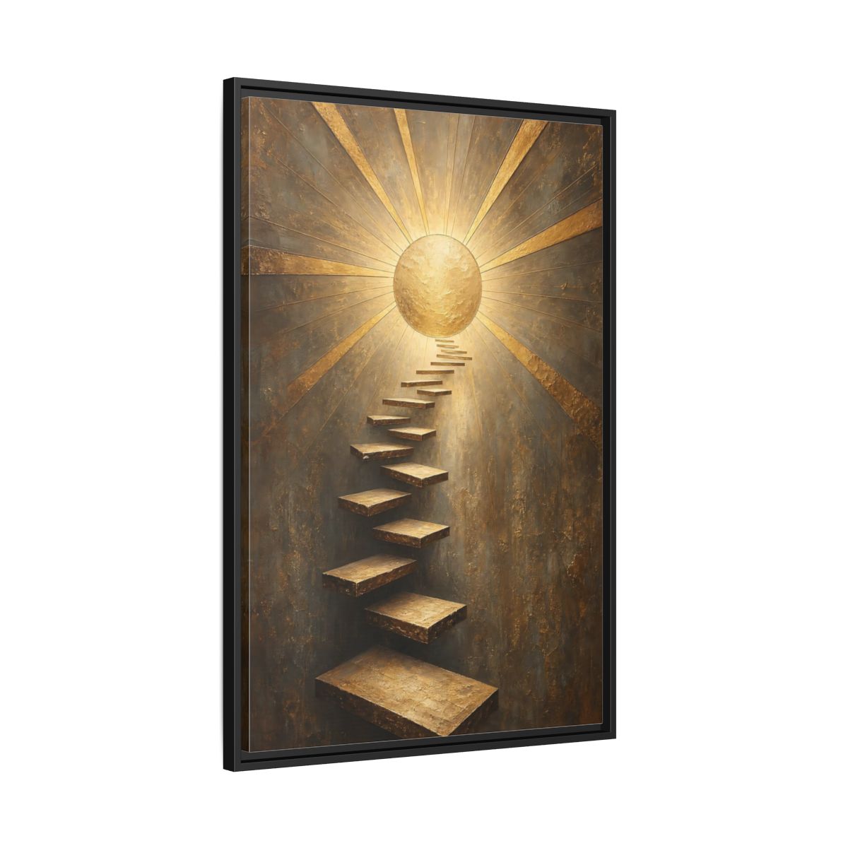 Side Mockup 13. Abstract Floating Stairs Gold And Gray shown as stretched canvas wall art