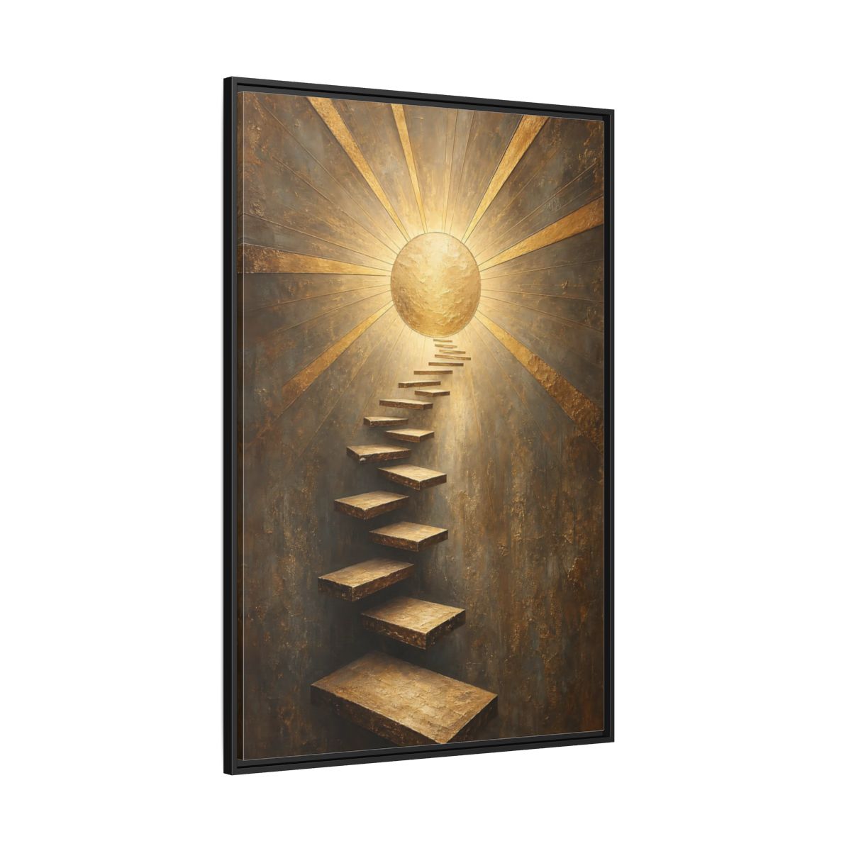 Side Mockup 12. Abstract Floating Stairs Gold And Gray shown as stretched canvas wall art