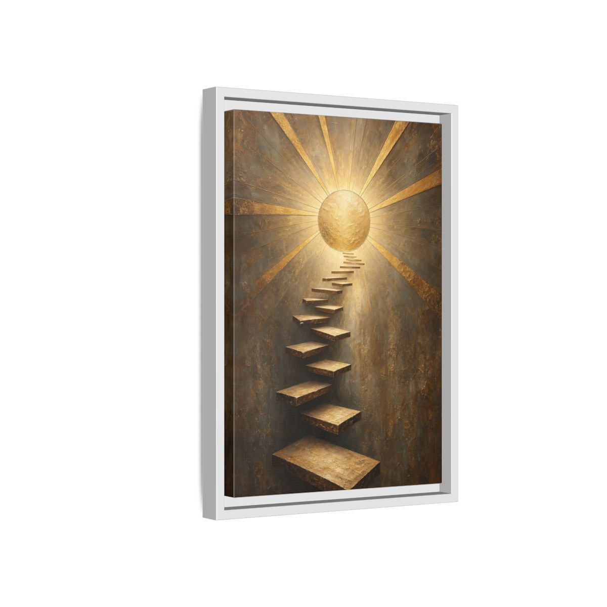Side Mockup 4. Abstract Floating Stairs Gold And Gray shown as stretched canvas wall art