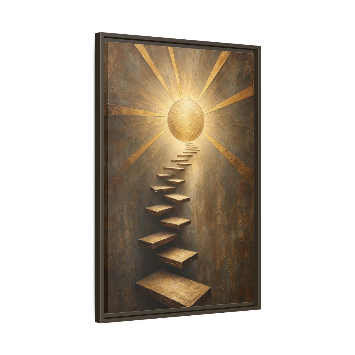 Side Mockup 11. Abstract Floating Stairs Gold And Gray shown as stretched canvas wall art