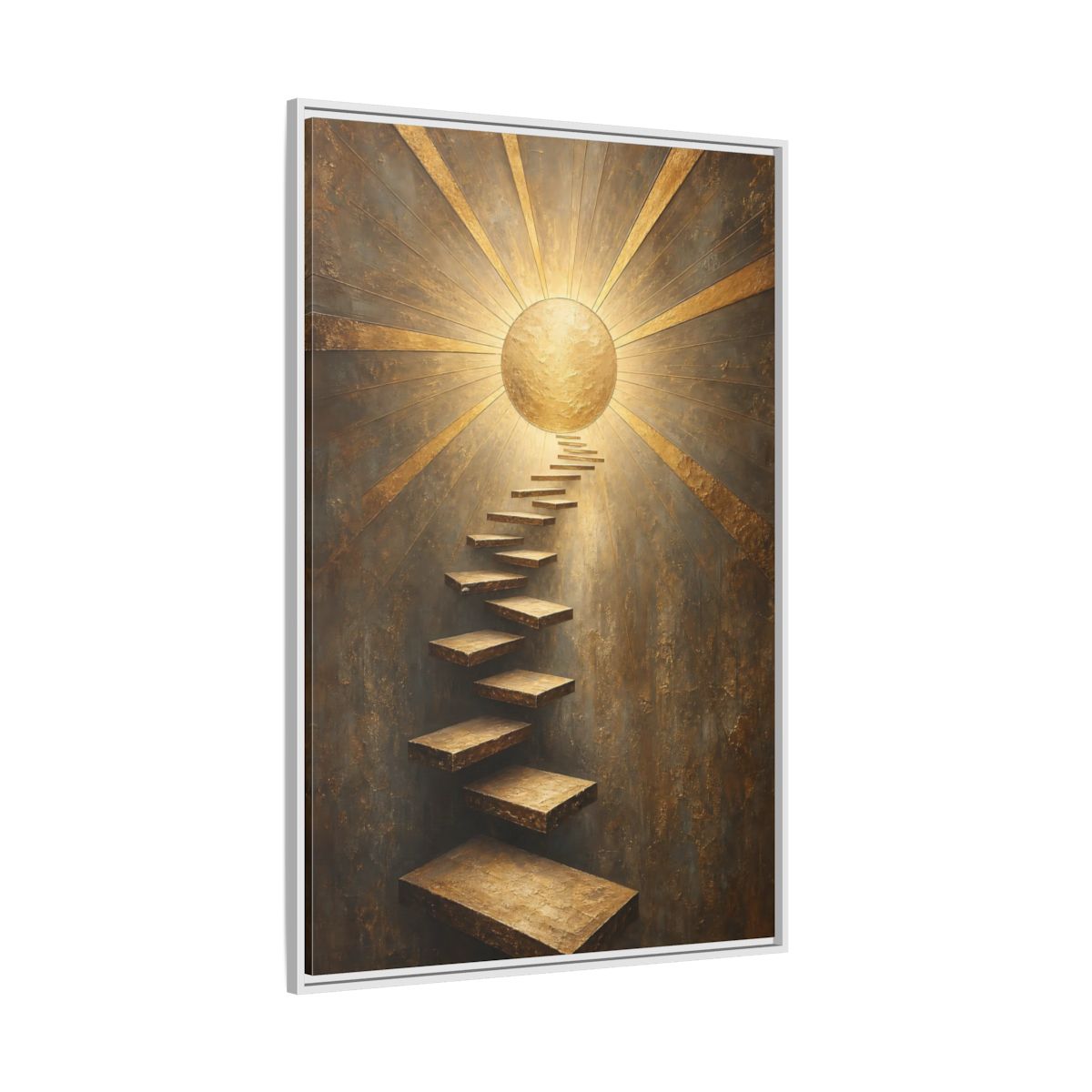 Side Mockup 7. Abstract Floating Stairs Gold And Gray shown as stretched canvas wall art