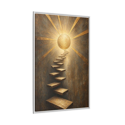 Side Mockup 7. Abstract Floating Stairs Gold And Gray shown as stretched canvas wall art