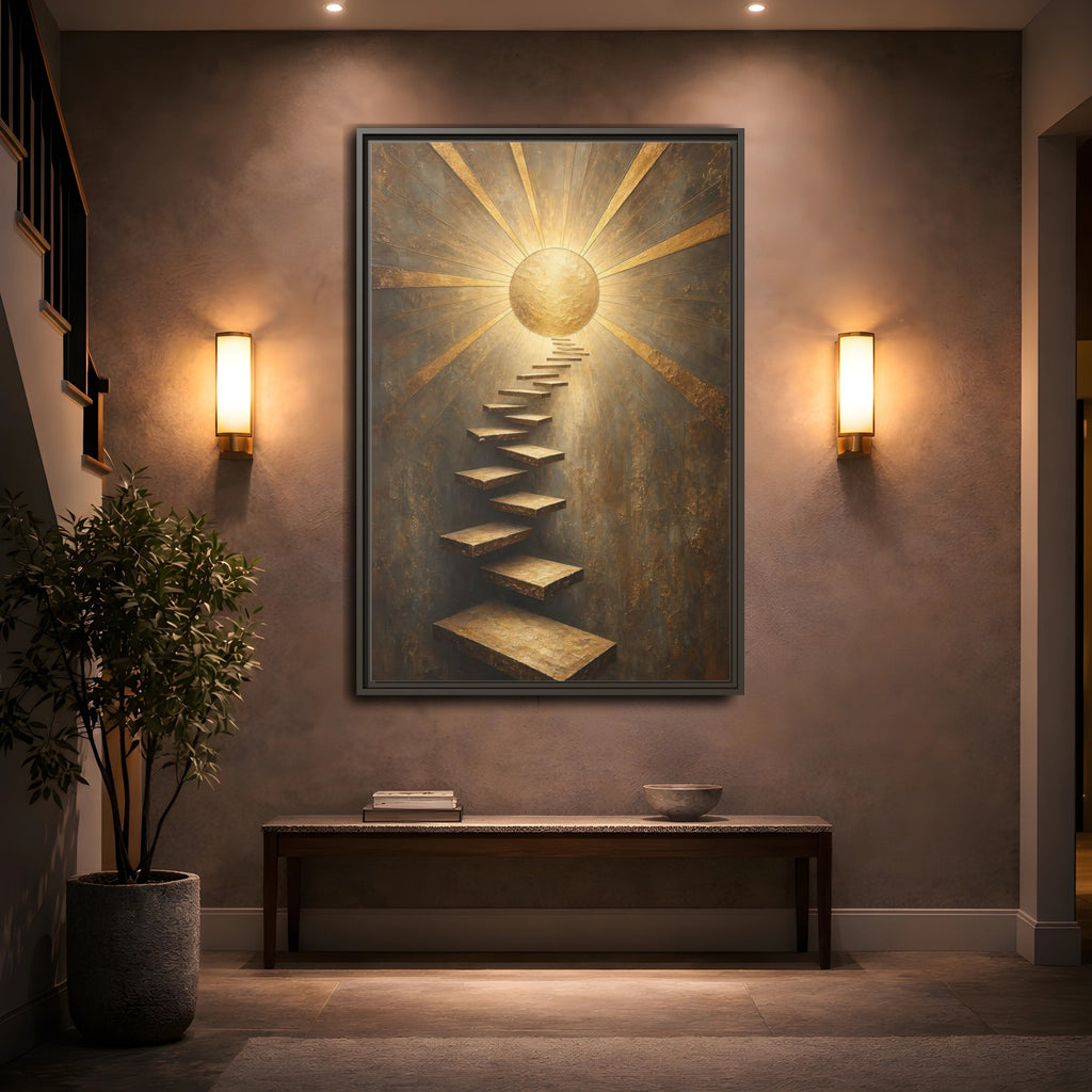Mockup 2. Abstract Floating Stairs Gold And Gray shown as stretched canvas wall art