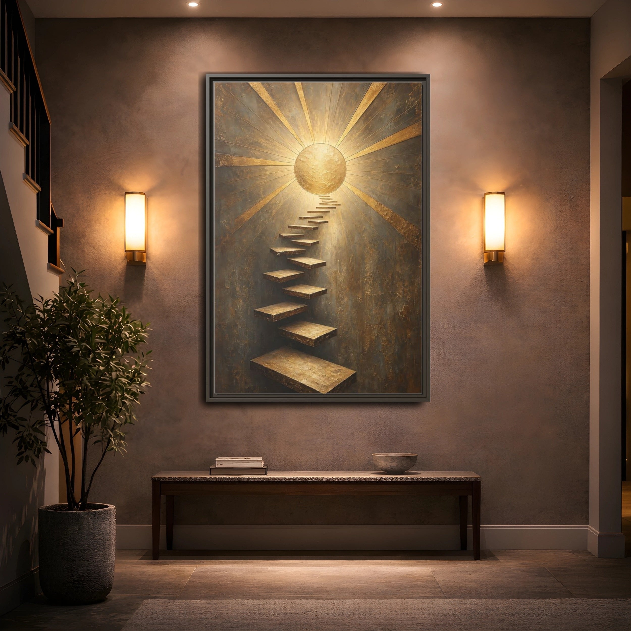 Mockup 2. Abstract Floating Stairs Gold And Gray shown as stretched canvas wall art