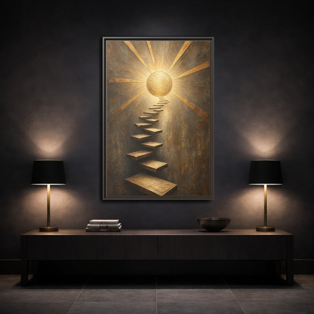 Mockup 3. Abstract Floating Stairs Gold And Gray shown as stretched canvas wall art