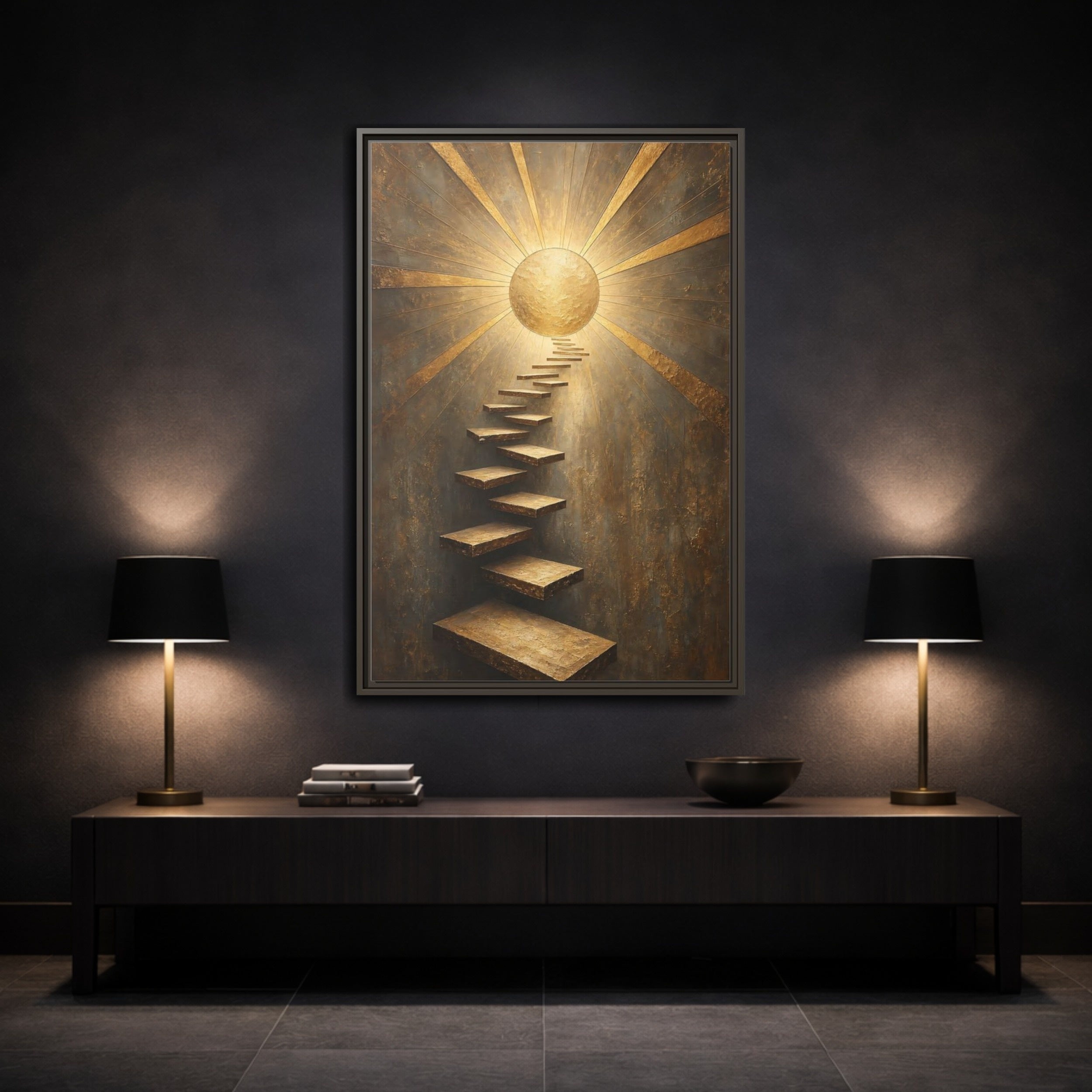 Mockup 3. Abstract Floating Stairs Gold And Gray shown as stretched canvas wall art