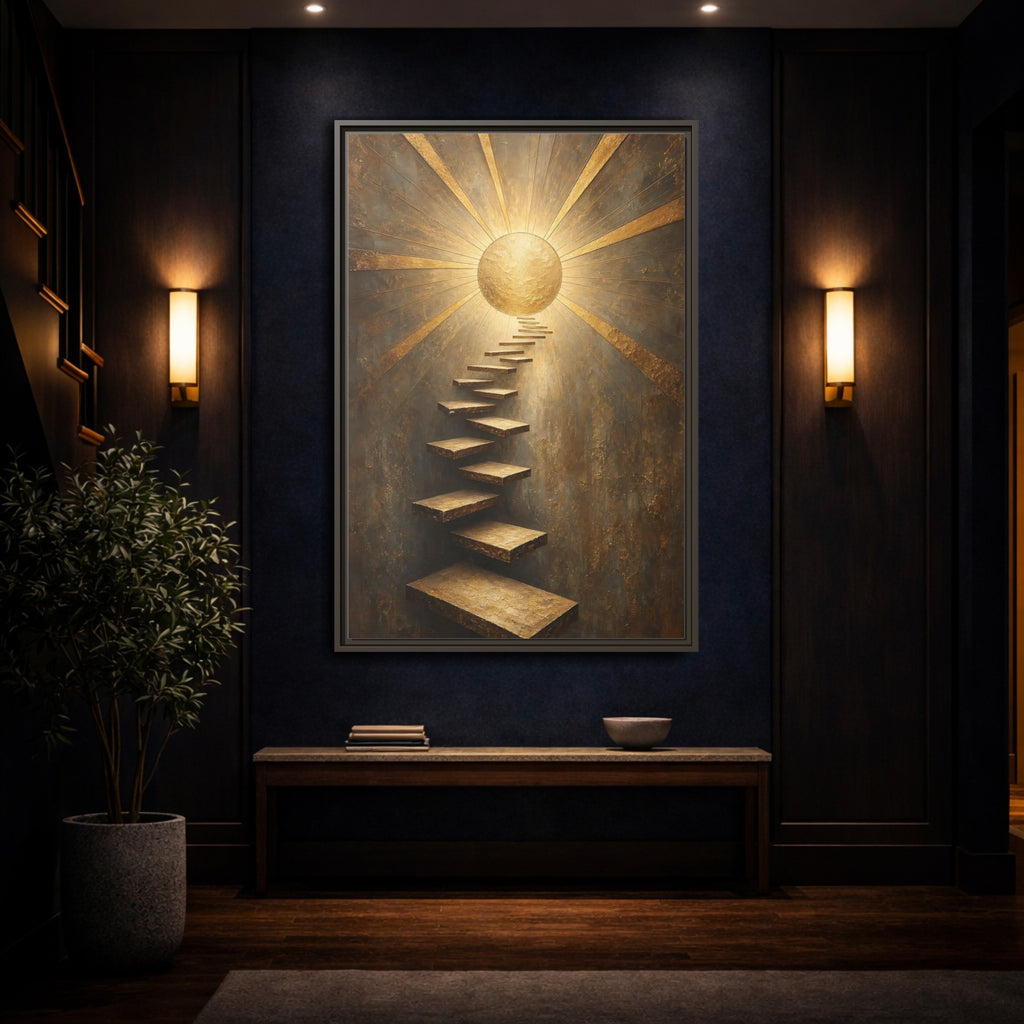 Mockup 4. Abstract Floating Stairs Gold And Gray shown as stretched canvas wall art